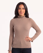 Taupe ribbed mock neck sweater with ruffle cuffs, slim fit