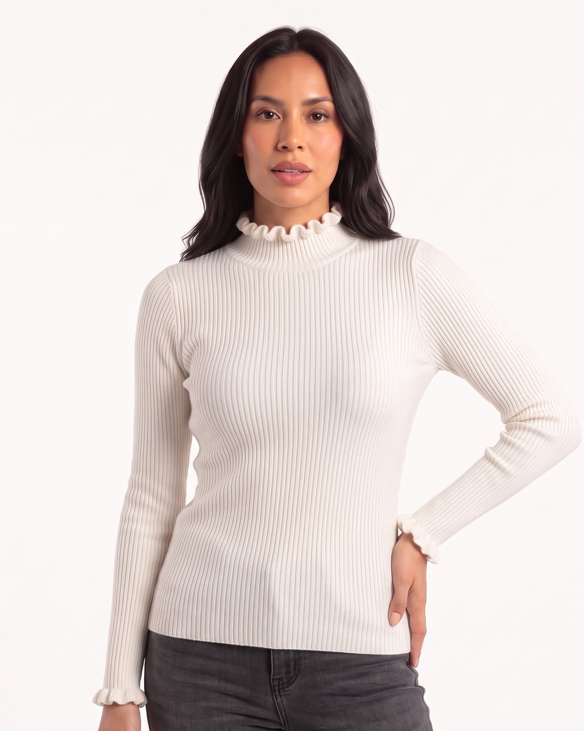 White ribbed mock neck sweater with ruffle cuffs, slim fit