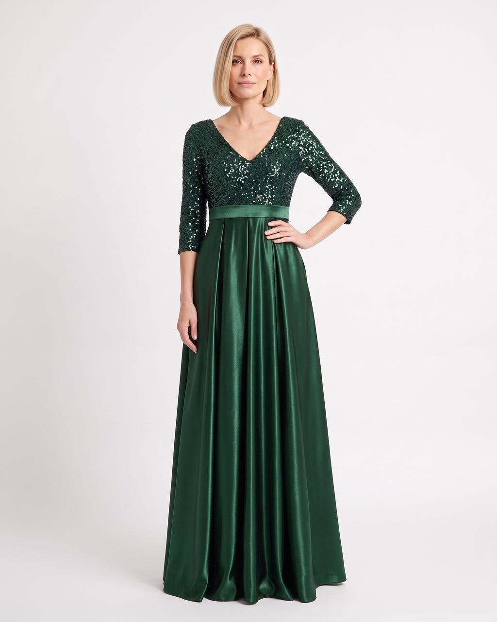 Dark green satin ball gown with 3/4 sleeves, V-neck sequin bodice and full skirt
