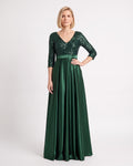 Dark green satin ball gown with 3/4 sleeves, V-neck sequin bodice and full skirt