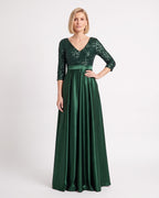 Dark green satin ball gown with 3/4 sleeves, V-neck sequin bodice and full skirt