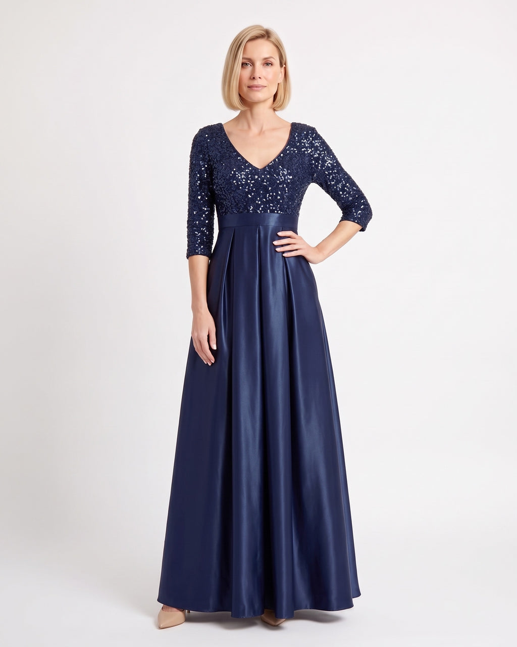 Navy satin ball gown with 3/4 sleeves, V-neck sequin bodice and full skirt
