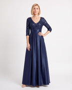 Navy satin ball gown with 3/4 sleeves, V-neck sequin bodice and full skirt