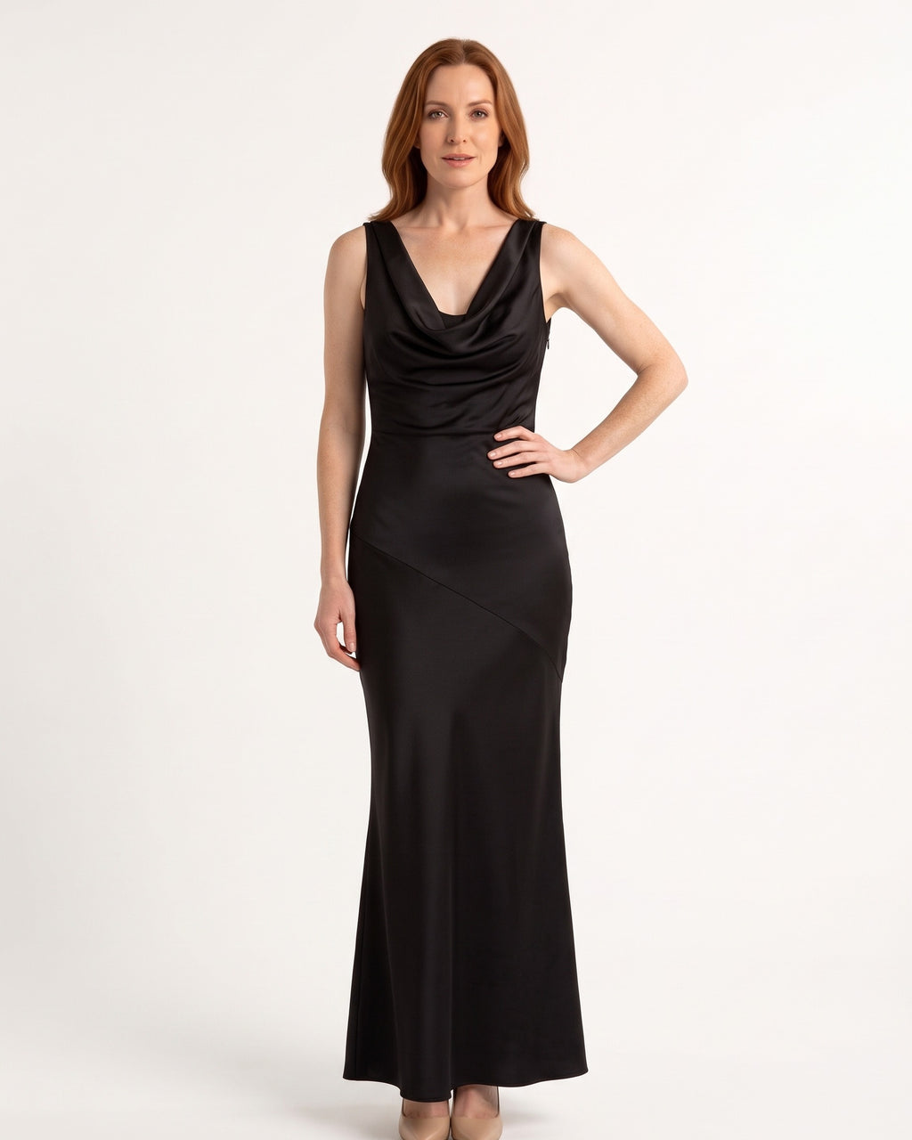 Satin Maxi Dress — Cowl Neck Sleeveless Bias Cut Gown with Open Tie Back for Wedding Guests