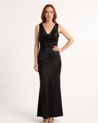 Satin Maxi Dress — Cowl Neck Sleeveless Bias Cut Gown with Open Tie Back for Wedding Guests