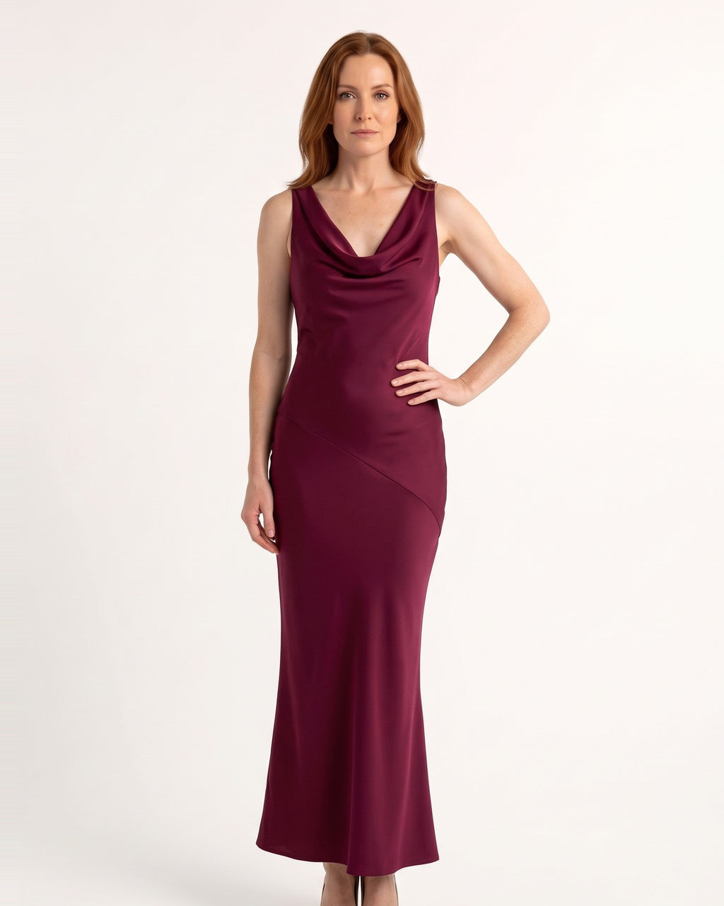 Burgundy satin maxi dress with sleeveless cowl neck and fitted column hem.