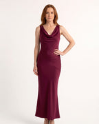 Burgundy satin maxi dress with sleeveless cowl neck and fitted column hem.