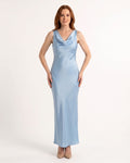 Sky-blue satin maxi dress, sleeveless cowl neck and wrap-style drape front.