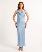 Sky-blue satin maxi dress, sleeveless cowl neck and wrap-style drape front.