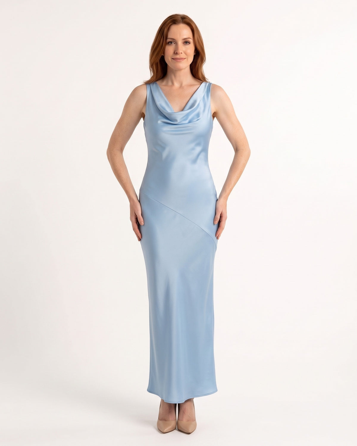 Sky-blue satin maxi dress, sleeveless cowl neck and wrap-style drape front.