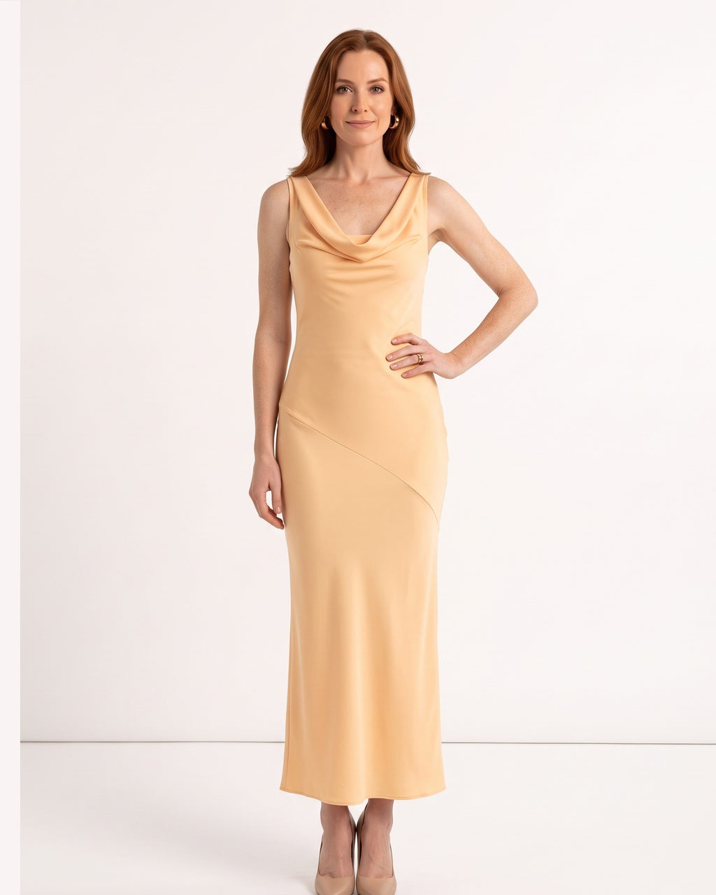 Gold satin maxi dress, sleeveless cowl neckline, fitted bias-cut silhouette