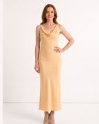 Gold satin maxi dress, sleeveless cowl neckline, fitted bias-cut silhouette