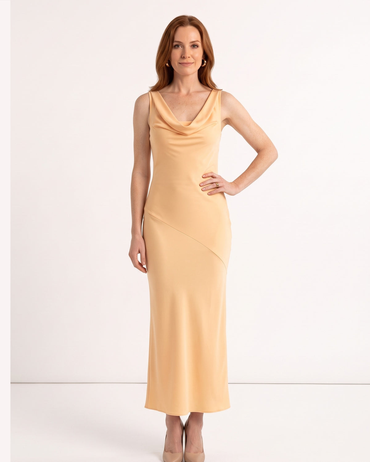 Gold satin maxi dress, sleeveless cowl neckline, fitted bias-cut silhouette