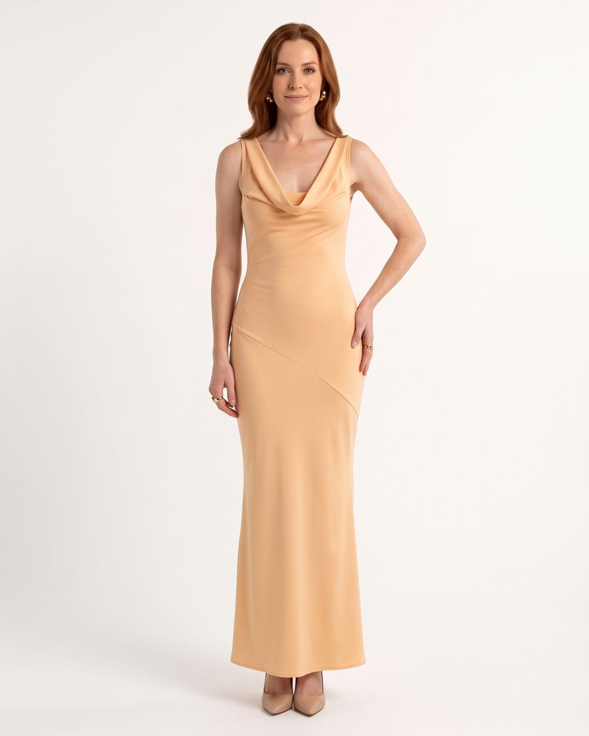 Nude sleeveless cowl-neck satin maxi dress with fitted drape