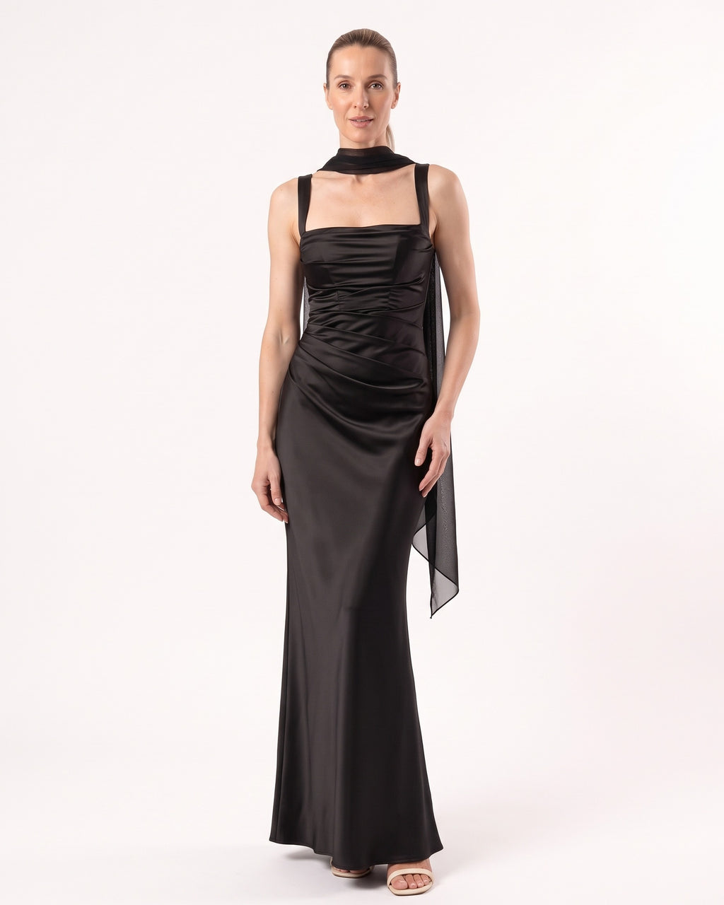 Black satin maxi dress with square neckline, ruched corset bodice, mermaid skirt and neck scarf