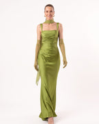 Olive satin maxi dress with square neckline, ruched corset bodice, mermaid skirt and neck scarf