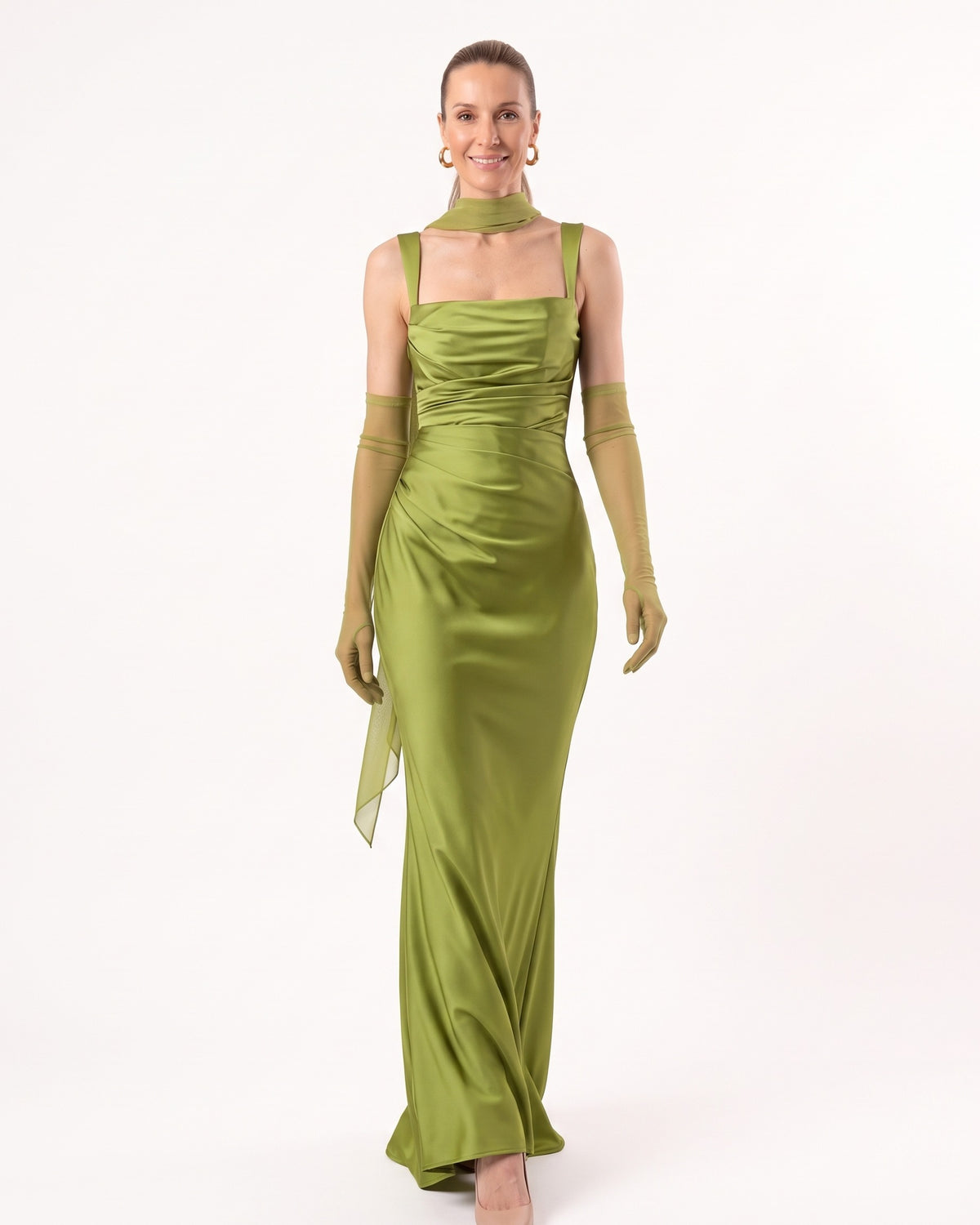 Olive satin maxi dress with square neckline, ruched corset bodice, mermaid skirt and neck scarf