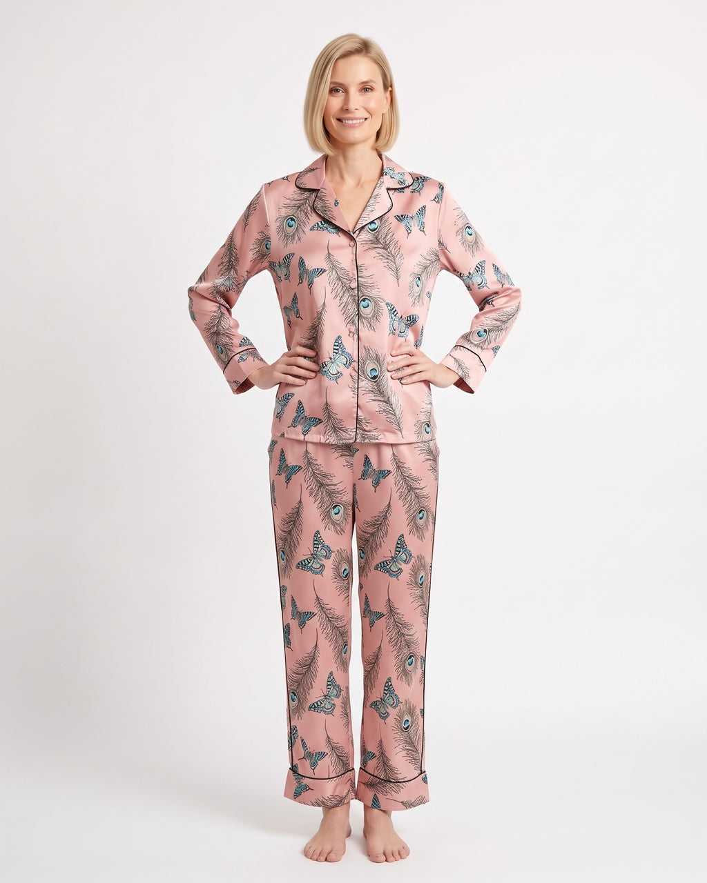 Women's satin pajama set, pink printed long-sleeve notch-collar top and matching pants