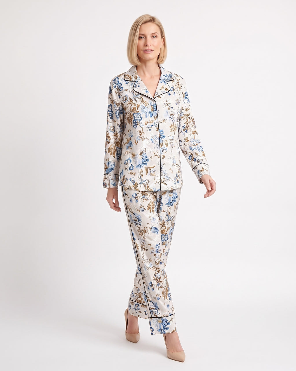 Women's satin pajama set, white printed long-sleeve notch-collar shirt and pants