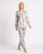 Women's satin pajama set, white printed long-sleeve notch-collar shirt and pants