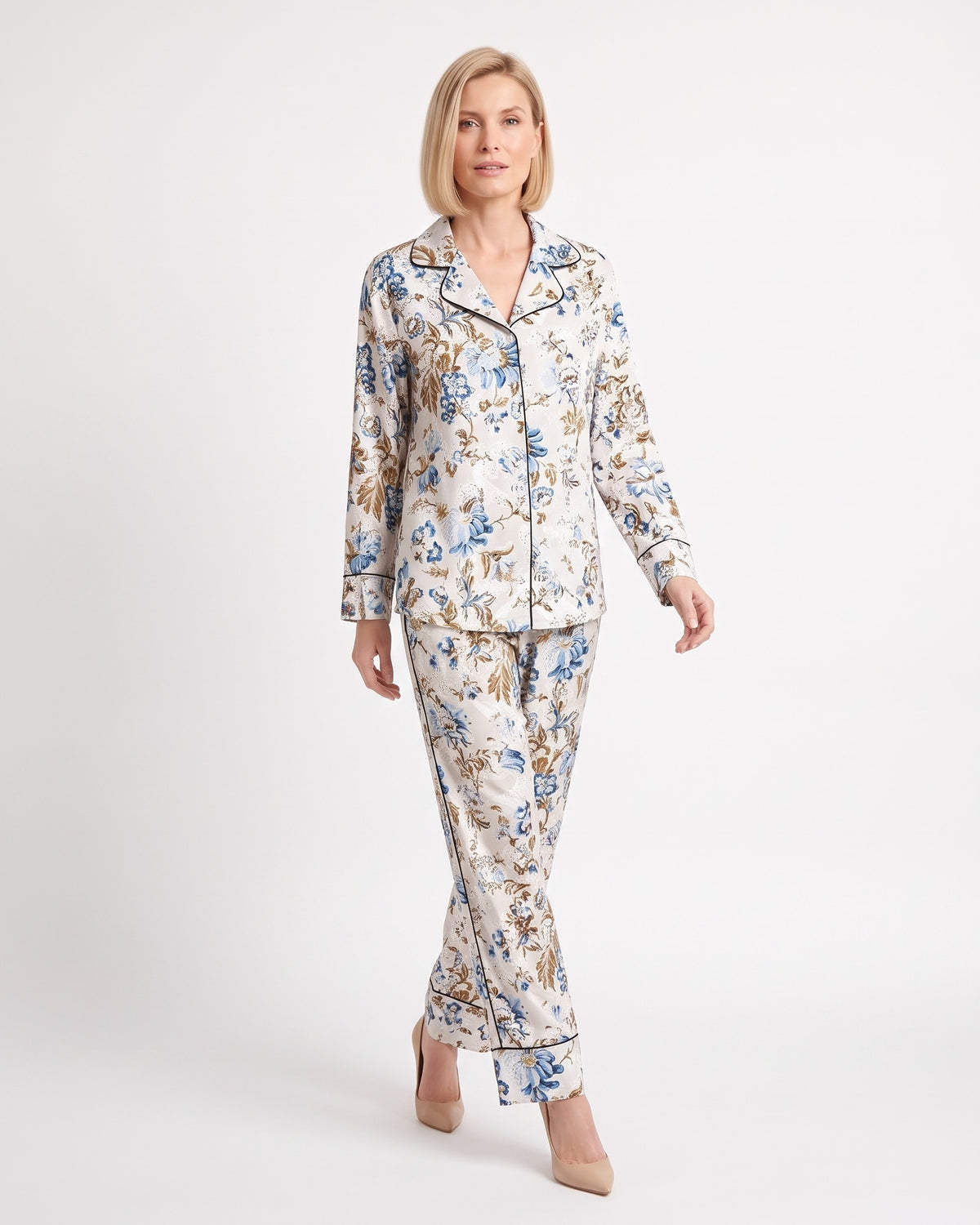 Women's satin pajama set, white printed long-sleeve notch-collar shirt and pants