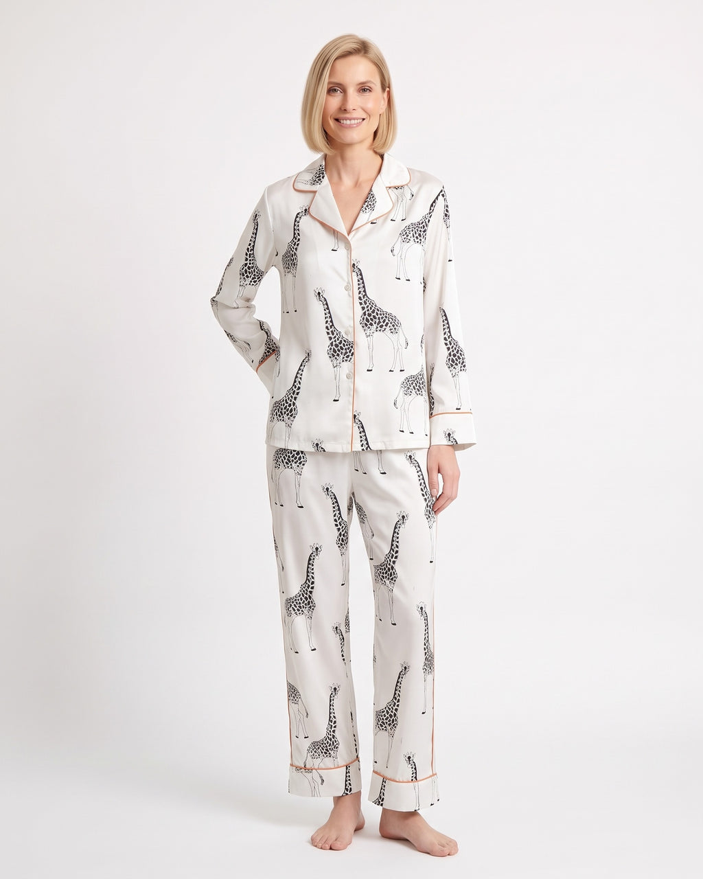 Women’s satin pajama set in white with black print notch-collar top and straight pants