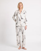 Women’s satin pajama set in white with black print notch-collar top and straight pants