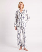 Women's satin pajama set, white hot-air balloon print long-sleeve notch-collar top and pants