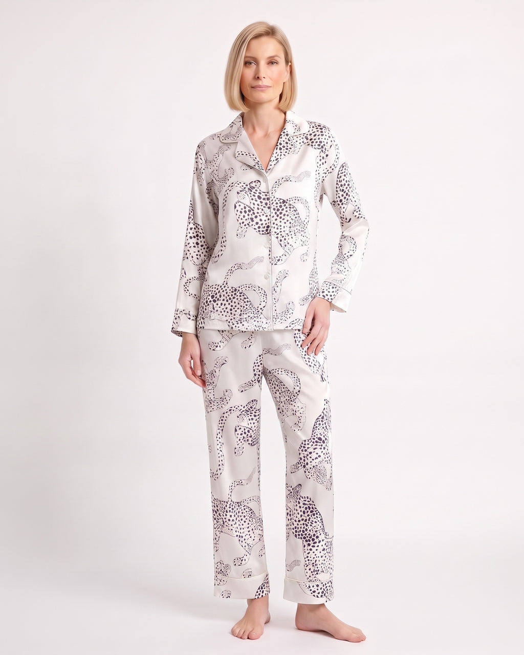 Women's satin pajama set, white leopard-print long-sleeve notch-collar top and pants