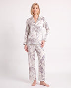Women's satin pajama set, white leopard-print long-sleeve notch-collar top and pants