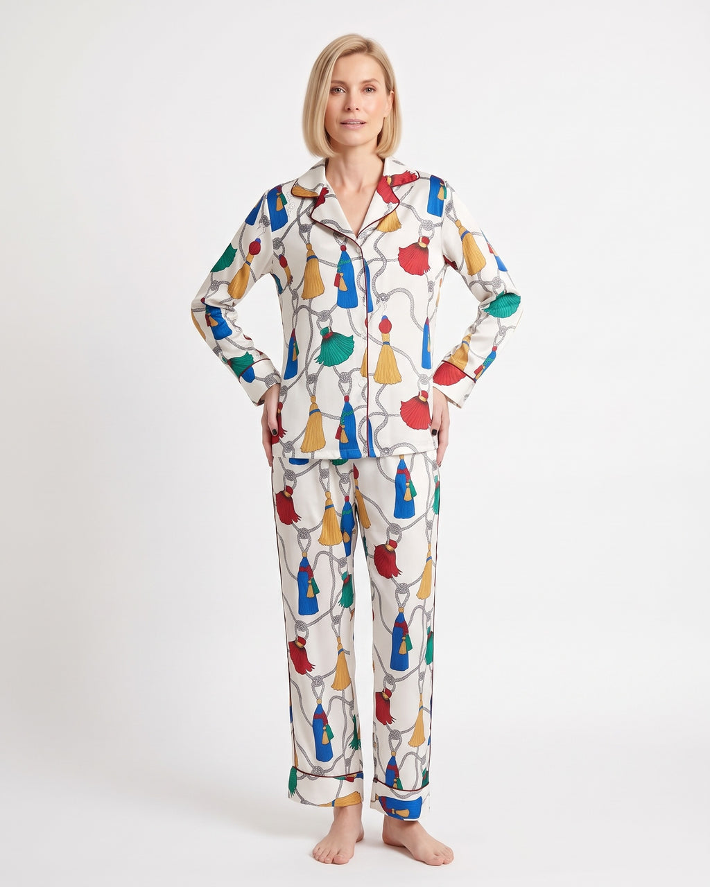 Women's satin pajama set, long-sleeve notch-collar shirt and pants; multicolor animal print