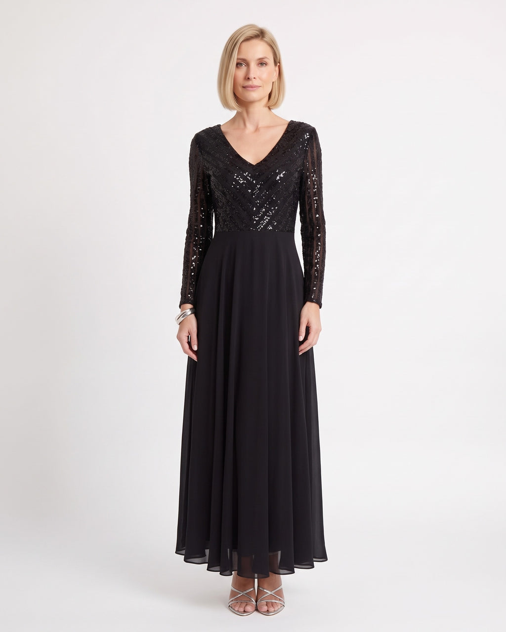 Black sequin V-neck A-line maxi dress with long sleeves