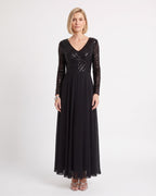 Black sequin V-neck A-line maxi dress with long sleeves