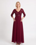 Burgundy sequin maxi dress with V-neck and long sleeves, A-line chiffon skirt