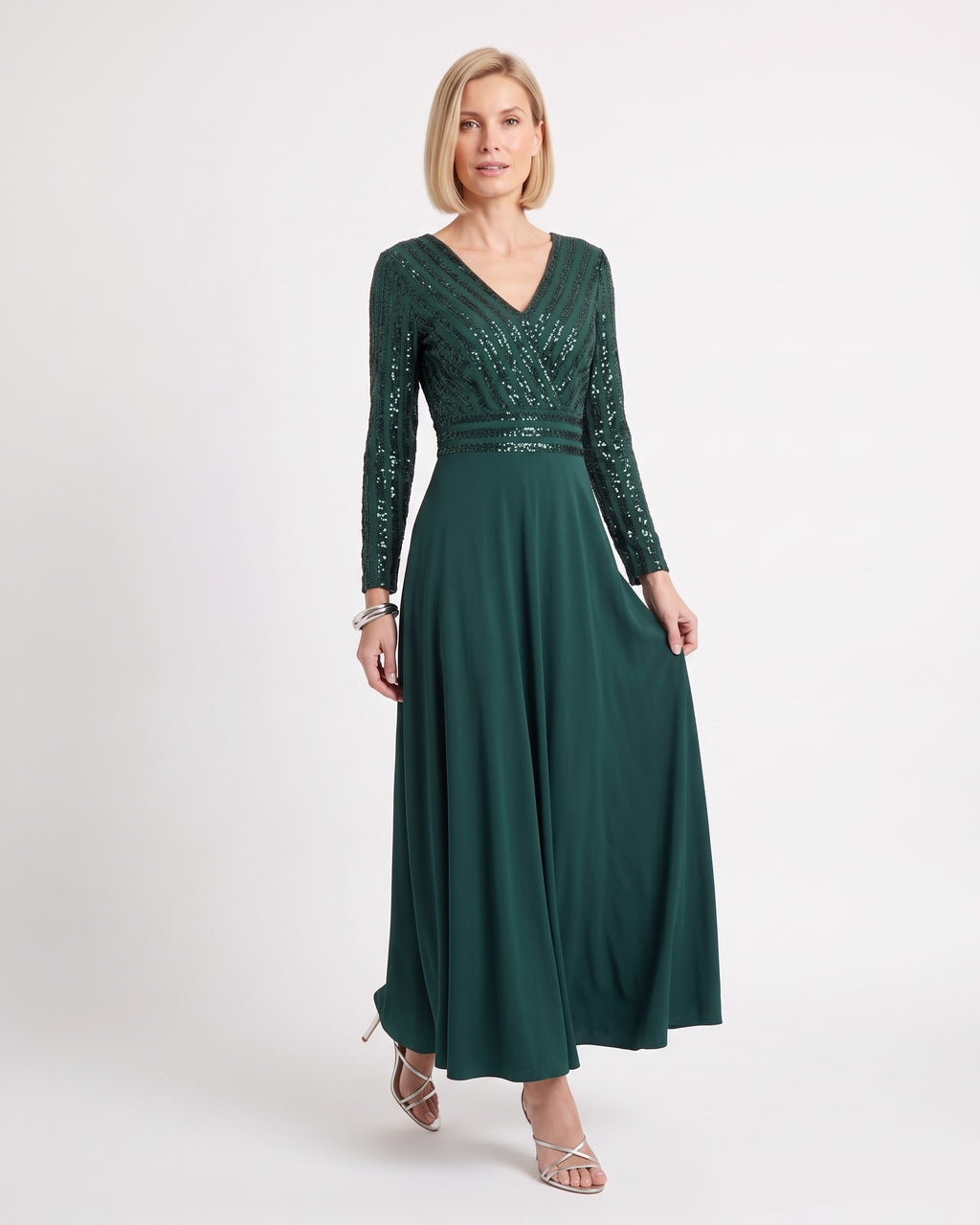 Dark green sequin maxi dress with V-neck and long sleeves, A-line chiffon skirt