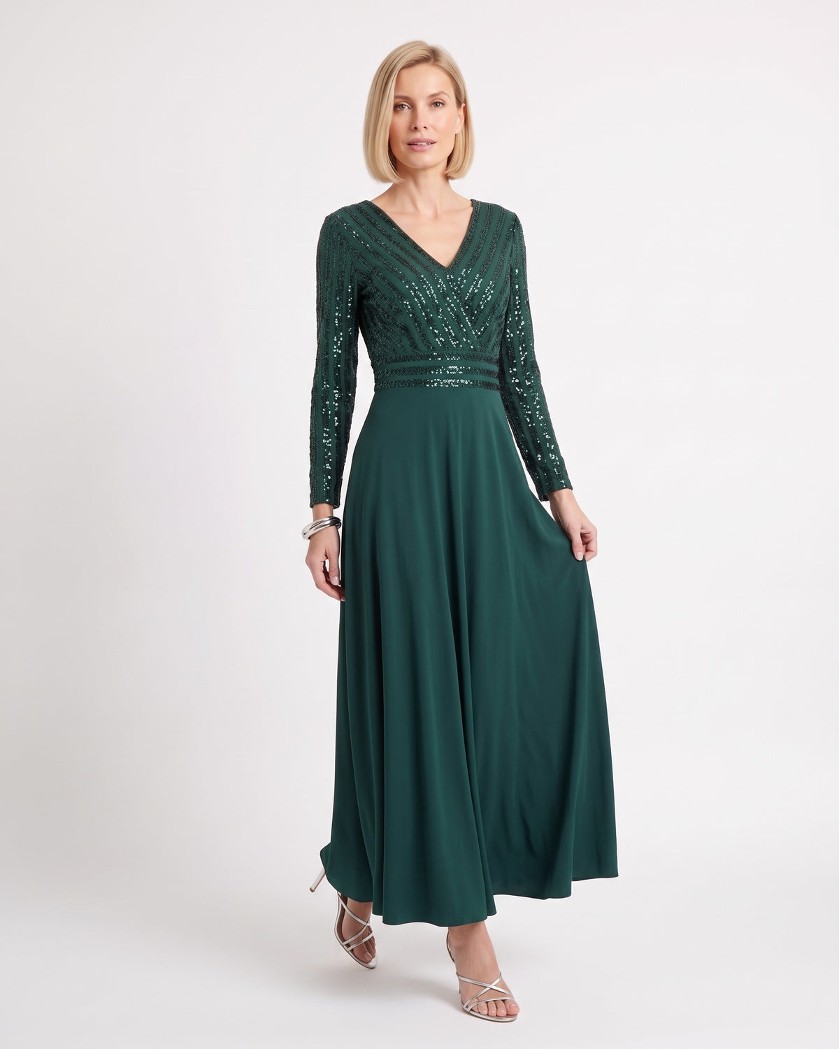 Dark green sequin maxi dress with V-neck and long sleeves, A-line chiffon skirt