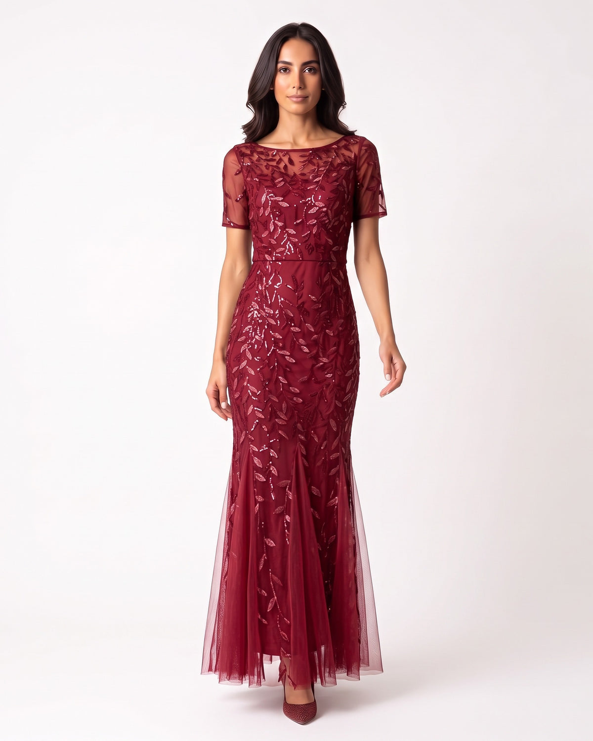 Burgundy sequin mermaid evening dress with leaf embroidery and short sleeves
