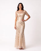 Gold sequin mermaid evening dress with leaf embroidery and short sleeves