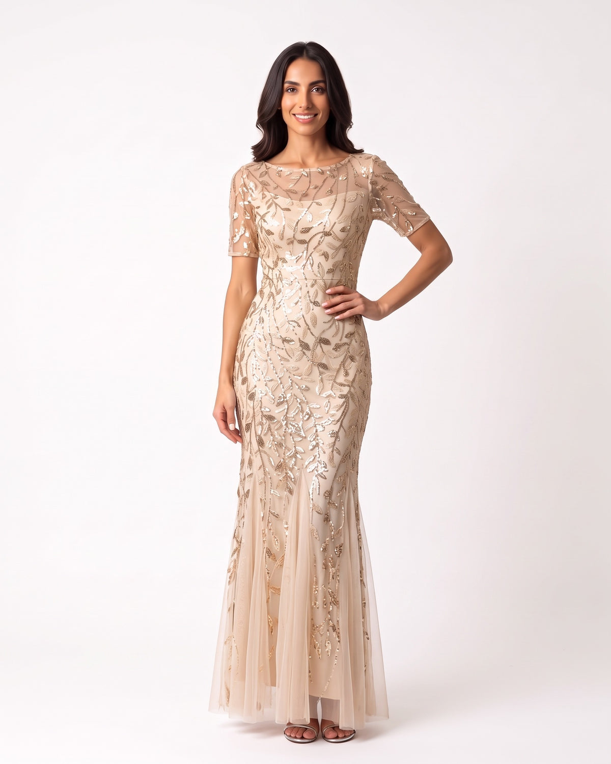 Gold sequin mermaid evening dress with leaf embroidery and short sleeves