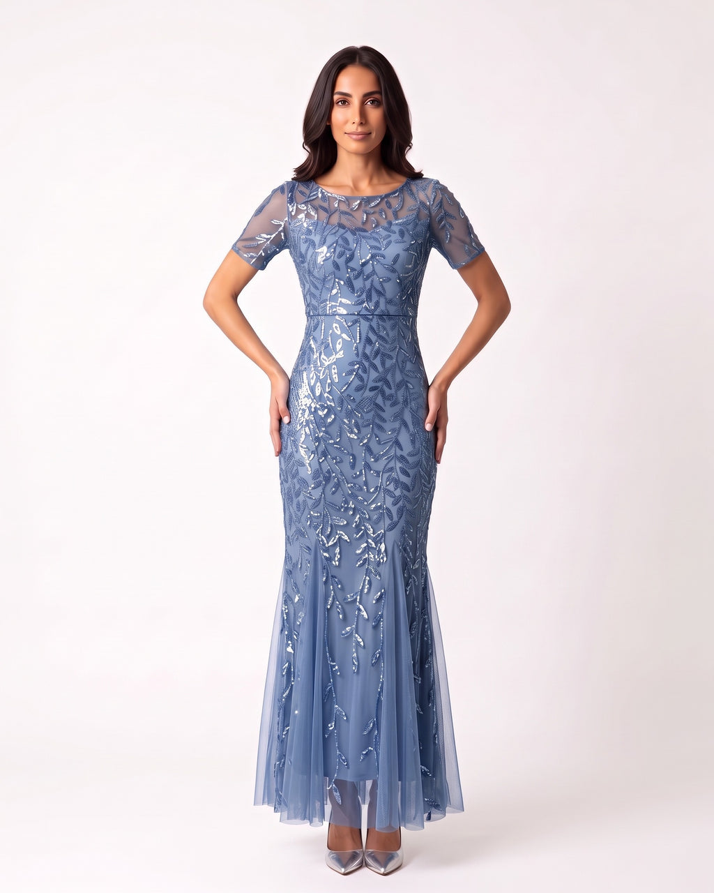 Light blue sequin mermaid evening dress with short sleeves and leaf embroidery, mesh tulle