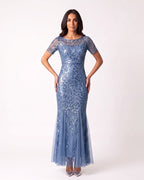 Light blue sequin mermaid evening dress with short sleeves and leaf embroidery, mesh tulle