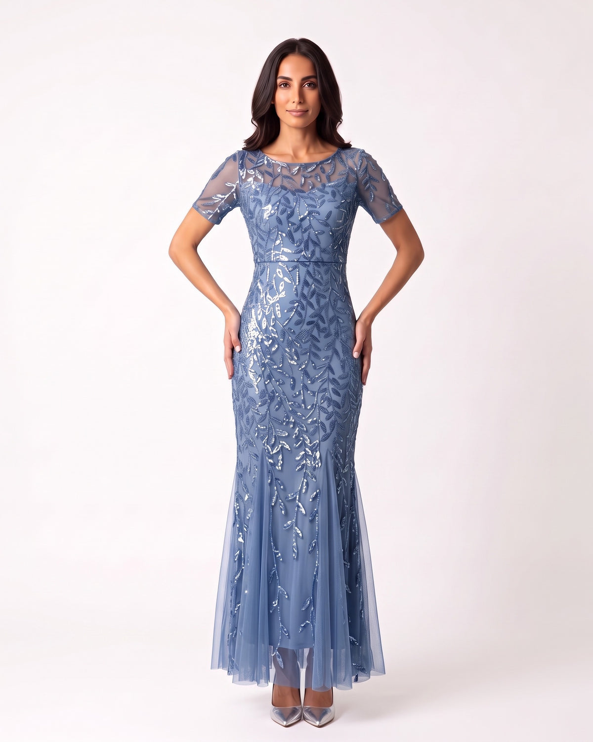 Light blue sequin mermaid evening dress with short sleeves and leaf embroidery, mesh tulle