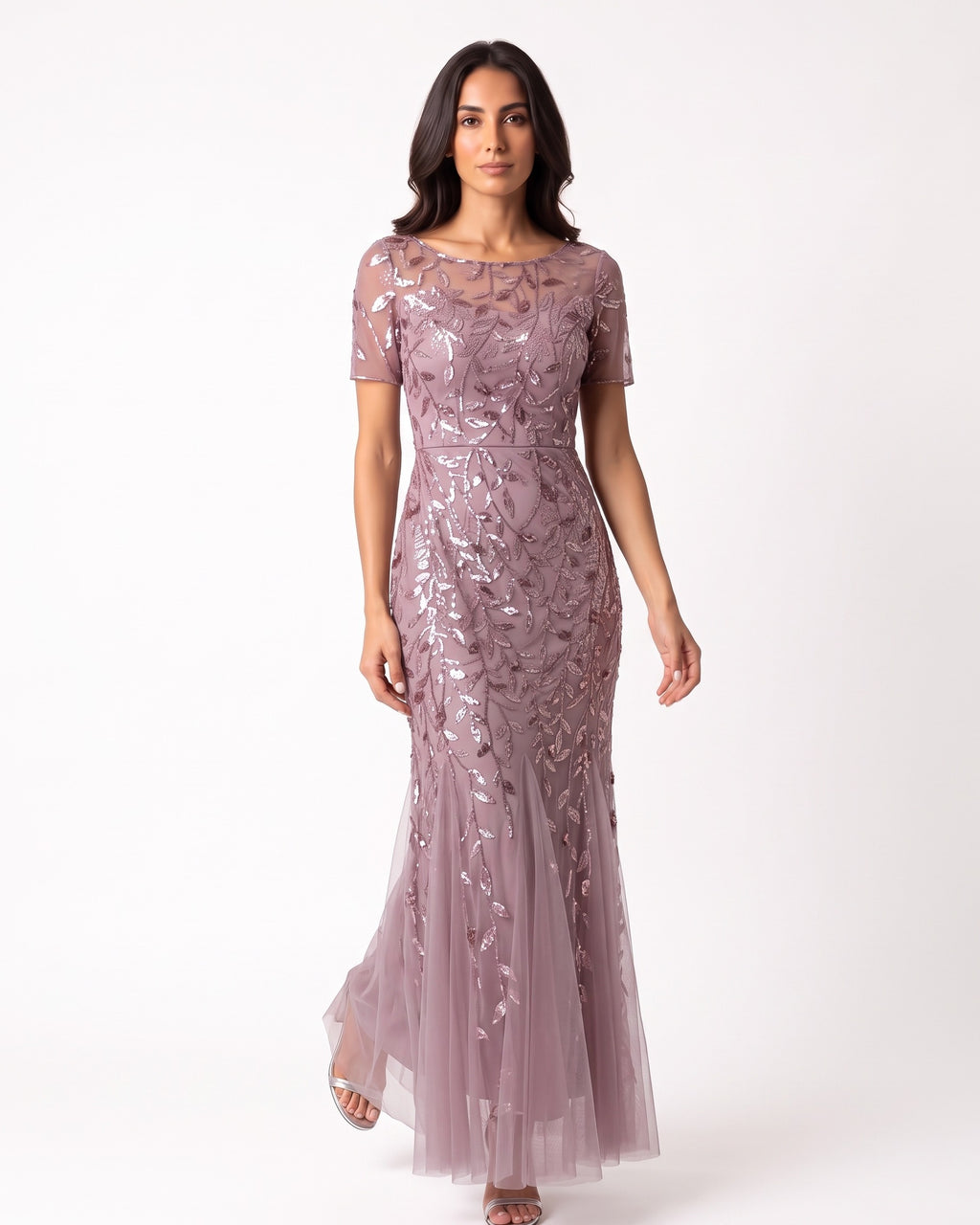 Mauve sequin mermaid evening dress with leaf embroidery and short sleeves