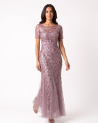 Mauve sequin mermaid evening dress with leaf embroidery and short sleeves