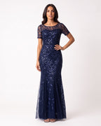 Navy sequin mermaid evening dress with leaf embroidery and short sleeves