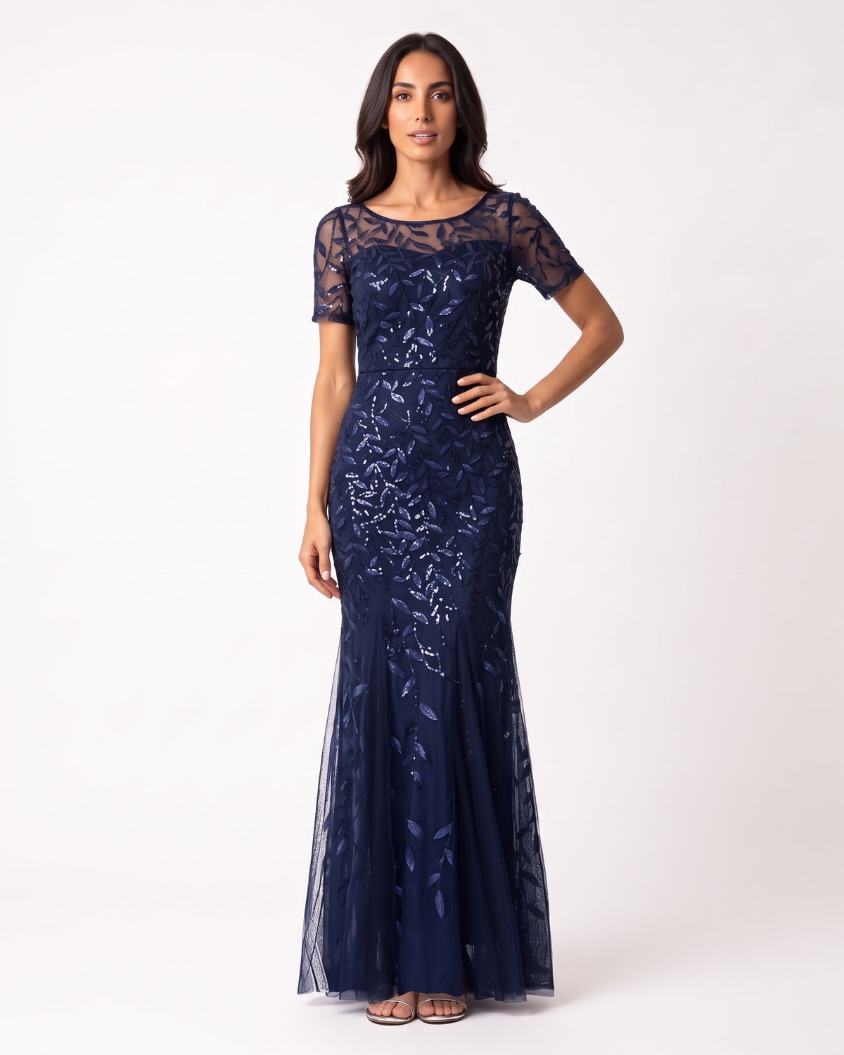 Navy sequin mermaid evening dress with leaf embroidery and short sleeves