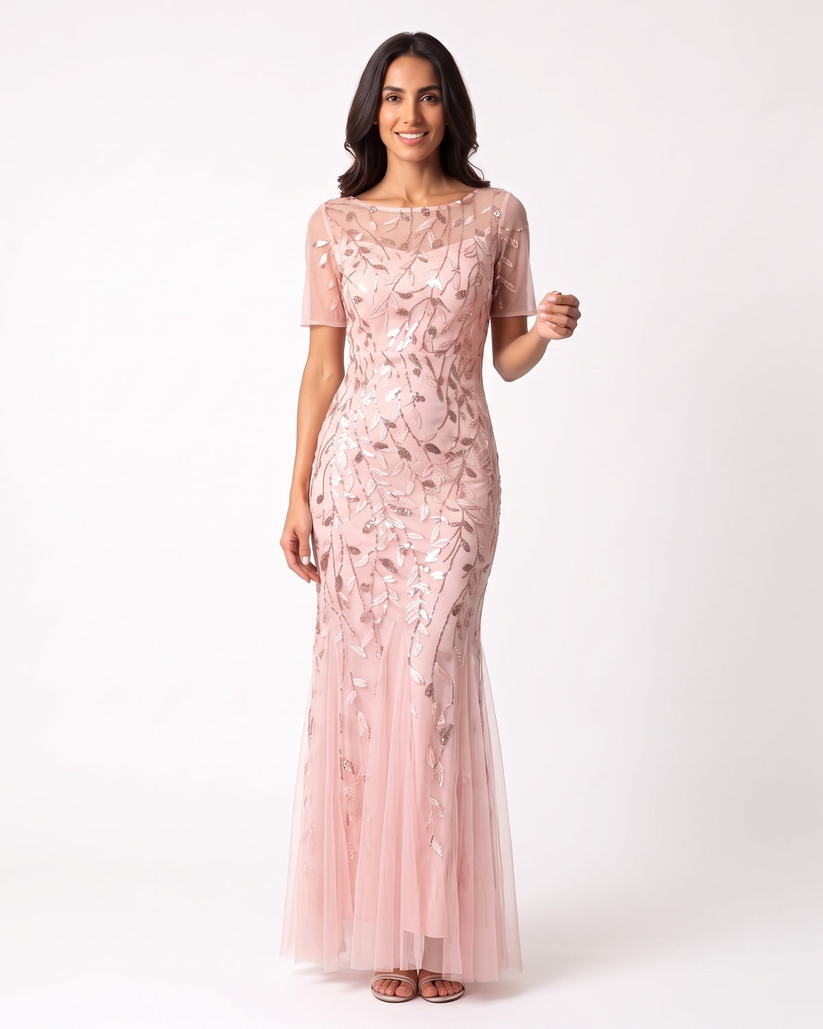 Pink sequin mermaid evening dress with leaf embroidery and short sleeves