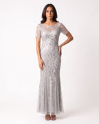 Silver sequin mermaid evening dress with short sleeves and leaf embroidery, mesh tulle