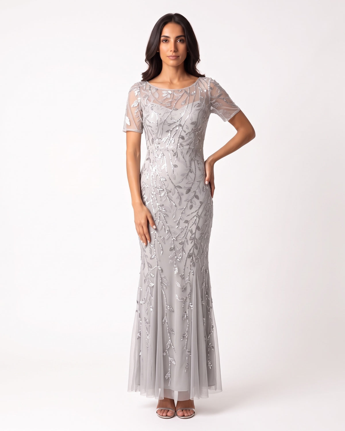 Silver sequin mermaid evening dress with short sleeves and leaf embroidery, mesh tulle