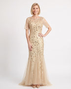 Beige sequin mermaid gown with leaf embroidery, sheer short sleeves, and a tulle maxi skirt